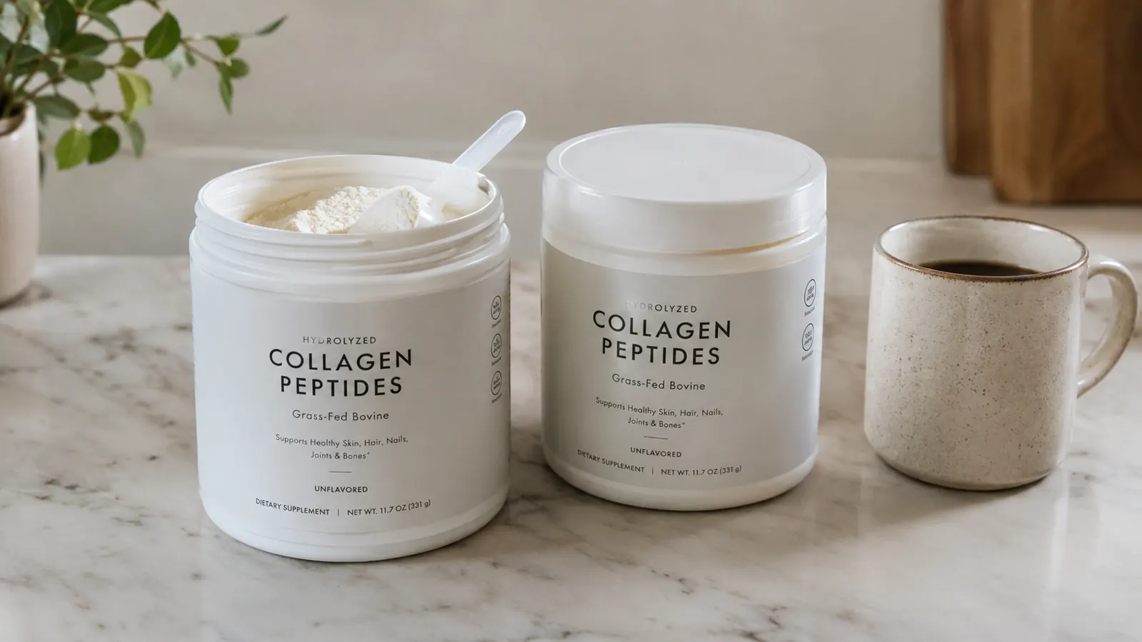 Two tubs of collagen peptides powder side by side on a kitchen counter, one open with a scoop inside, one sealed, with a coffee mug nearby