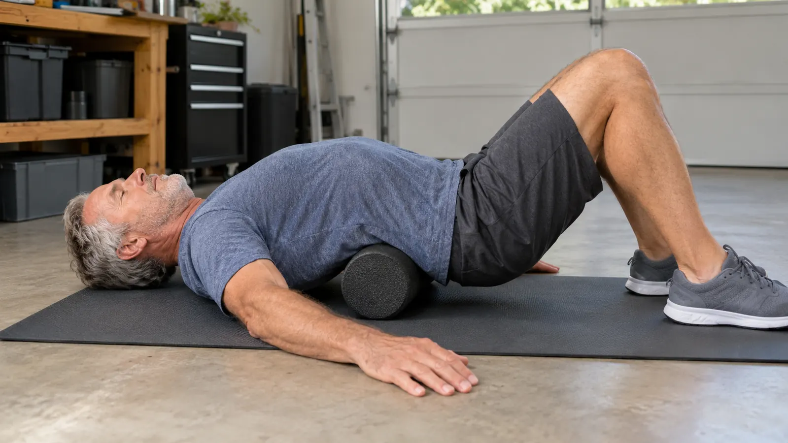 A man in his late fifties lying on a mat in a garage, using a foam roller under his lower back