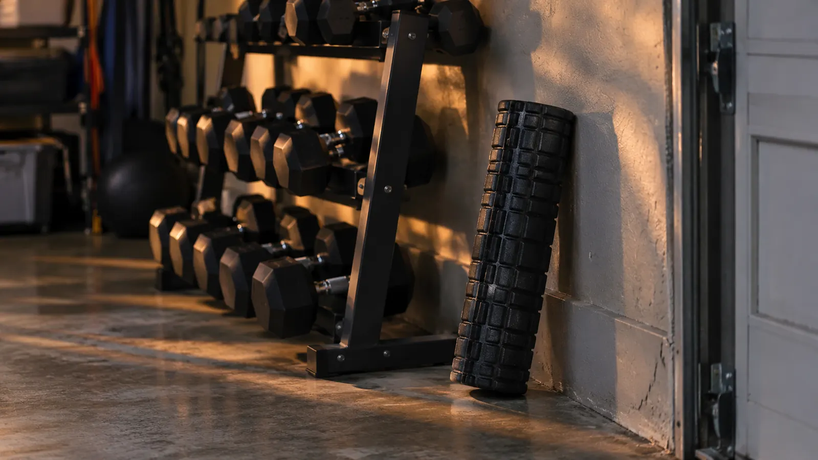 A foam roller leaning against a garage wall beside a rack of dumbbells in the evening