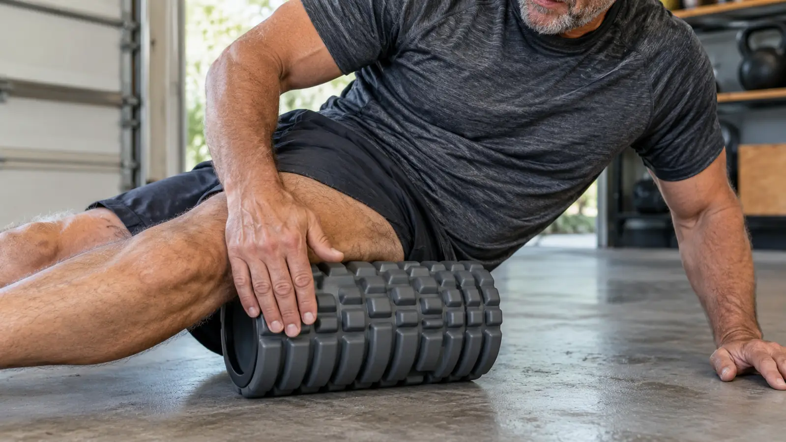 A hand pressing a foam roller along the outside of a thigh, the roller resting on a garage floor