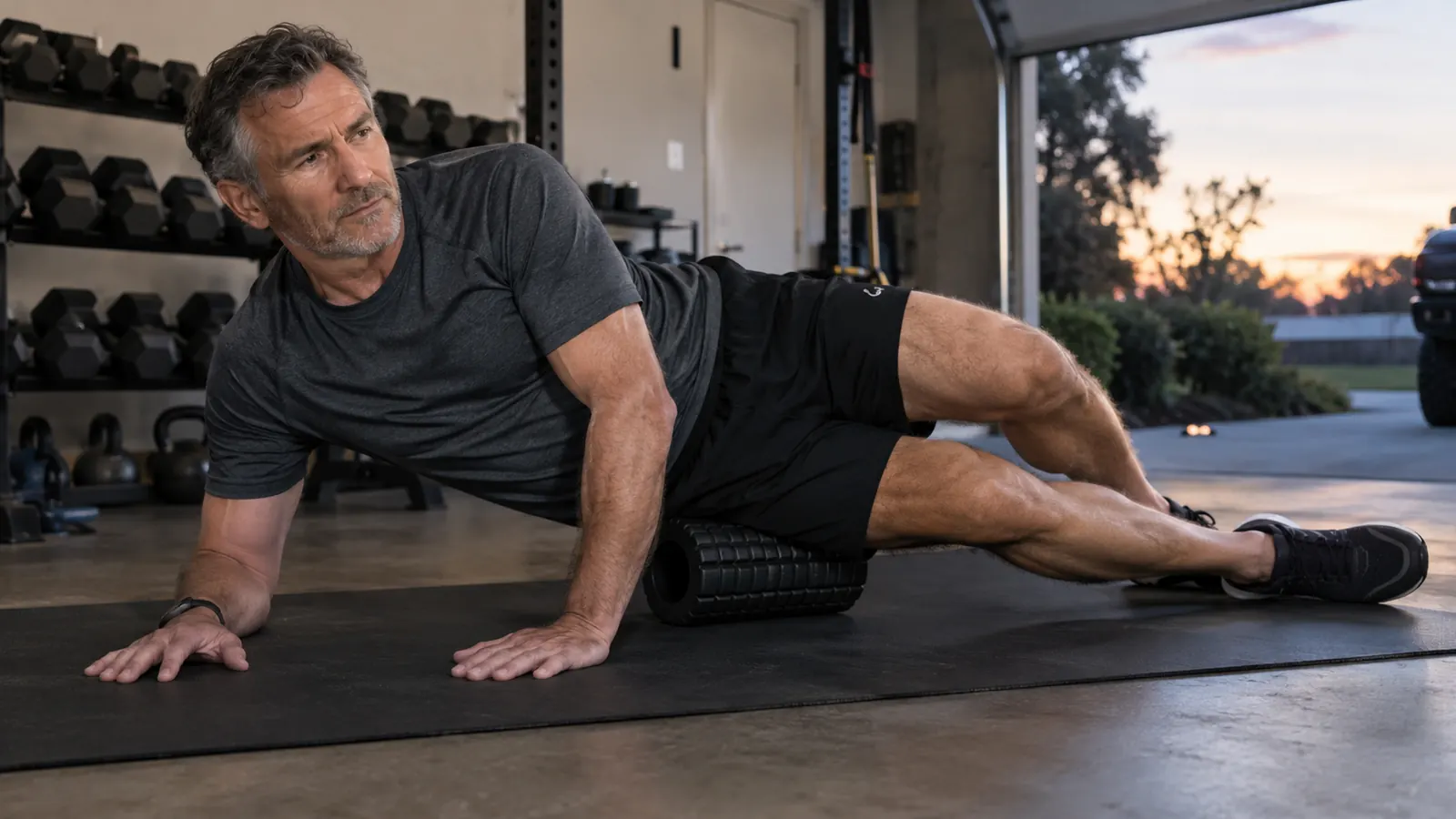 A man in his late fifties rolling his outer hip on a foam roller on a garage gym mat