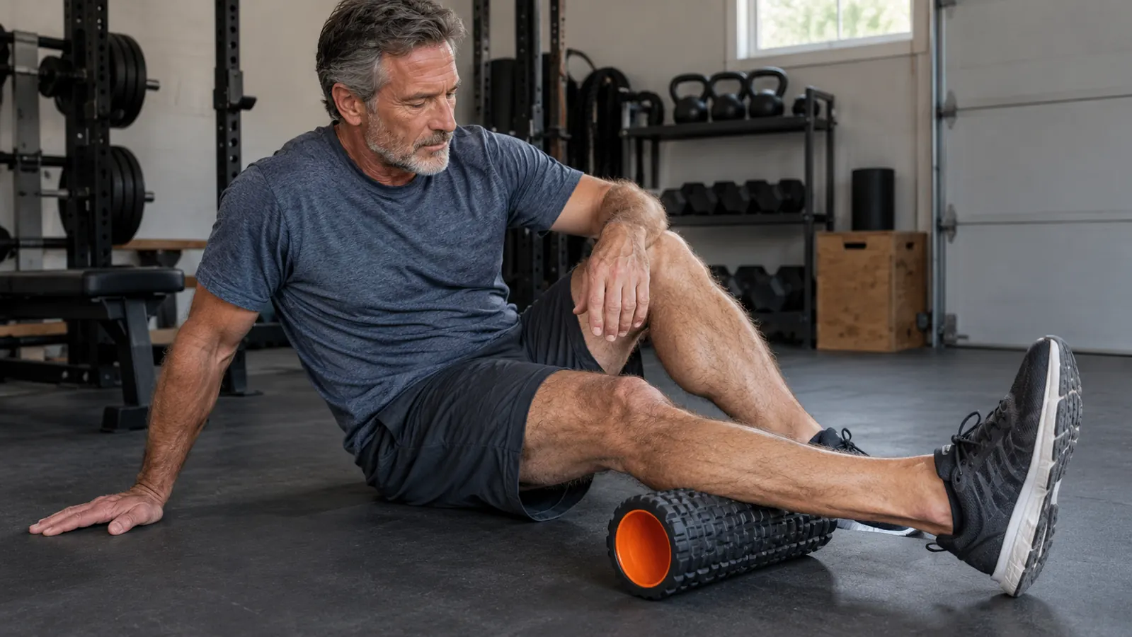 A hand presses a foam roller against a calf while a man sits on a garage floor with one leg extended