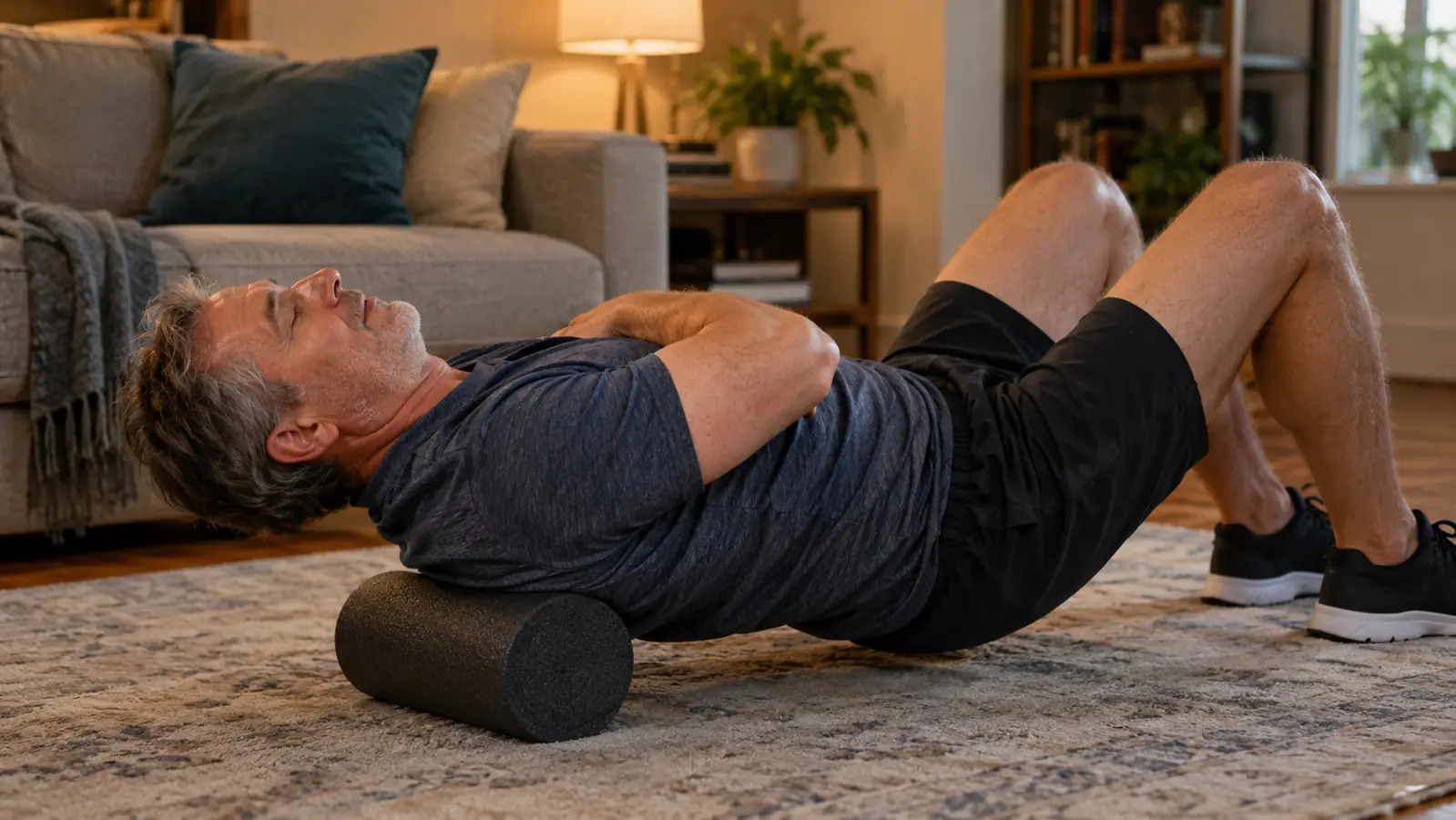 A man in his late fifties lying on a foam roller placed under his upper back, arms crossed, in a living room